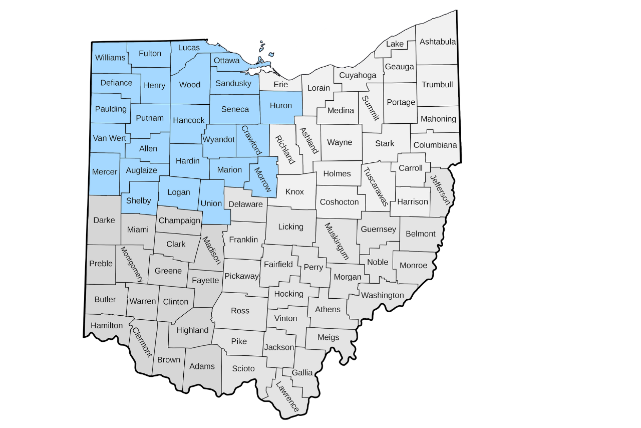 Map of counties in Ohio served by NORWELD