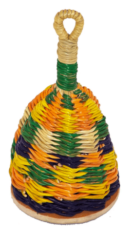 A shaker made of woven grasses with colorful blocks of green, orange, yellow, tan, and purple