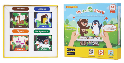 My Animal Story 4D Cards box showing the categories of animals, actions, objects, and backgrounds