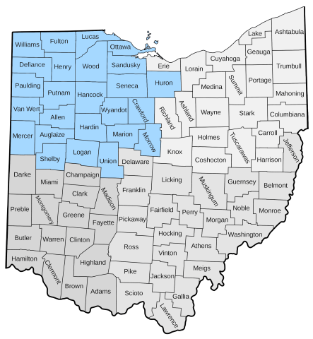 A map of Ohio divided into its 88 counties. Each quadrant of the state is in a different color, representing the regional library system it is a part of.