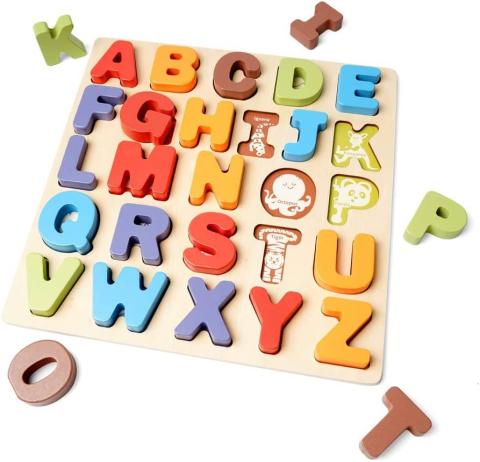 Wooden alphabet puzzle with illustrations of different animals under each of the letters