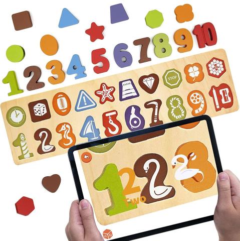 Wooden puzzle with illustrations of different objects under the numbers and shapes being scanned with an iPad