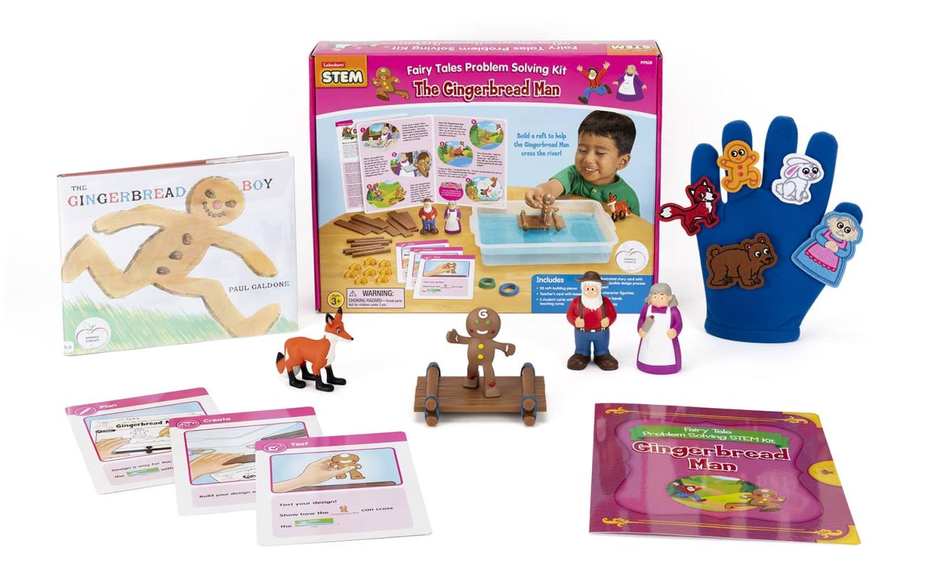 Contents of the Gingerbread Man Early Literacy Kit including a book, Fairy Tales Problem Solving kit, and felt storytelling set