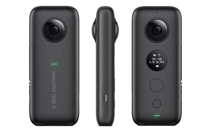 A front, side, and back view of the Insta360 One X Camera