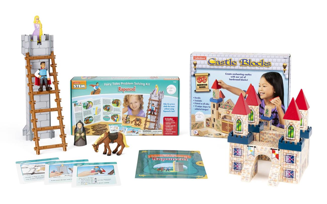 Contents of the Rapunzel Building Set Early Literacy Kit including a book, Fairy Tales Problem Solving kit, and castle blocks set