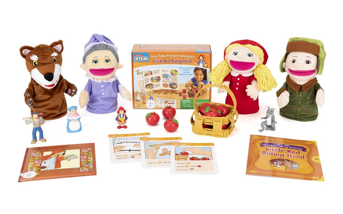 Contents of the Little Red Riding Hood Early Literacy Kit including a book, Fairy Tales Problem Solving kit, and puppets