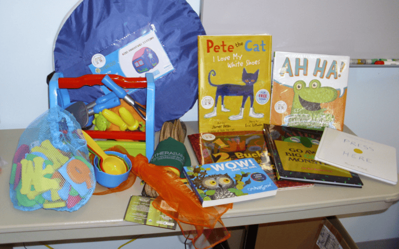 Contents of the Sensory Storytime Early Literacy Kit including books, a gardening playset, and foam letters and numbers